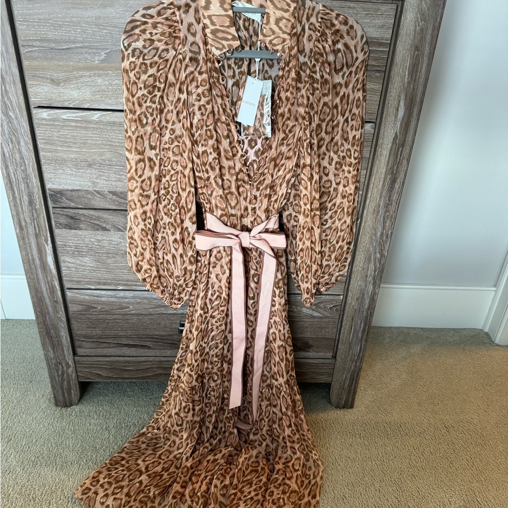 Zimmermann Temp Bell Sleeve Midi Gorgeous Animal Print Crystal Button detail NEW